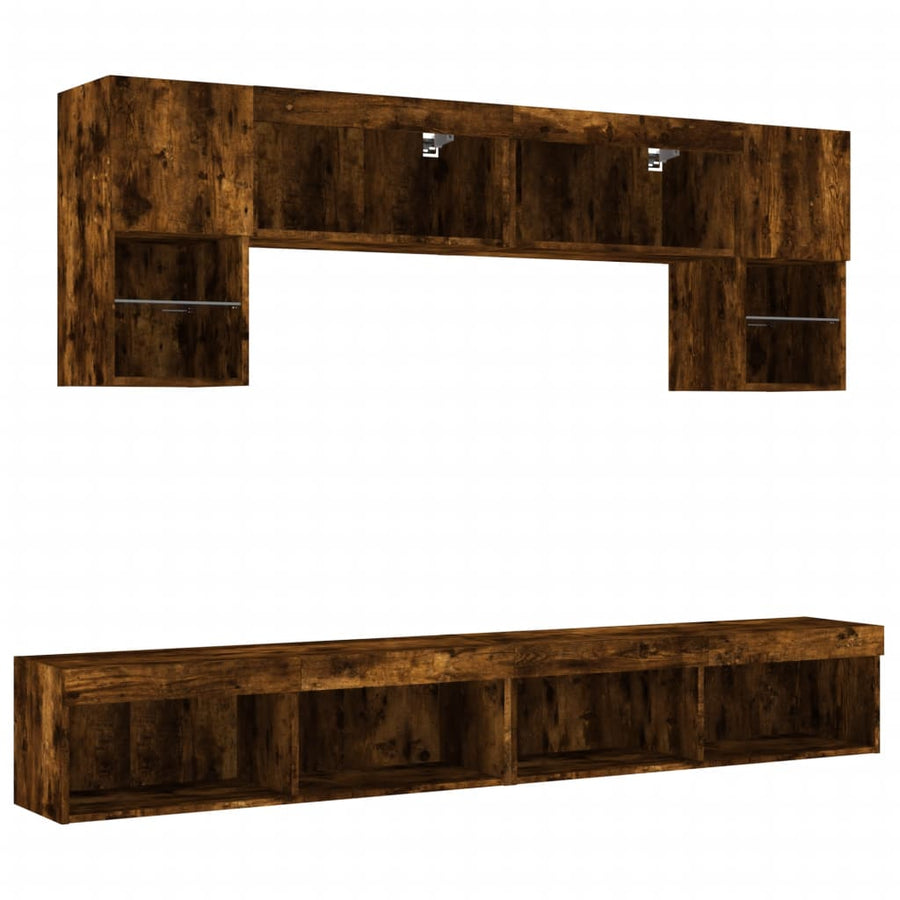 6-Delige Tv-Wandmeubelset Met Led Bewerkt Hout Gerookt eiken