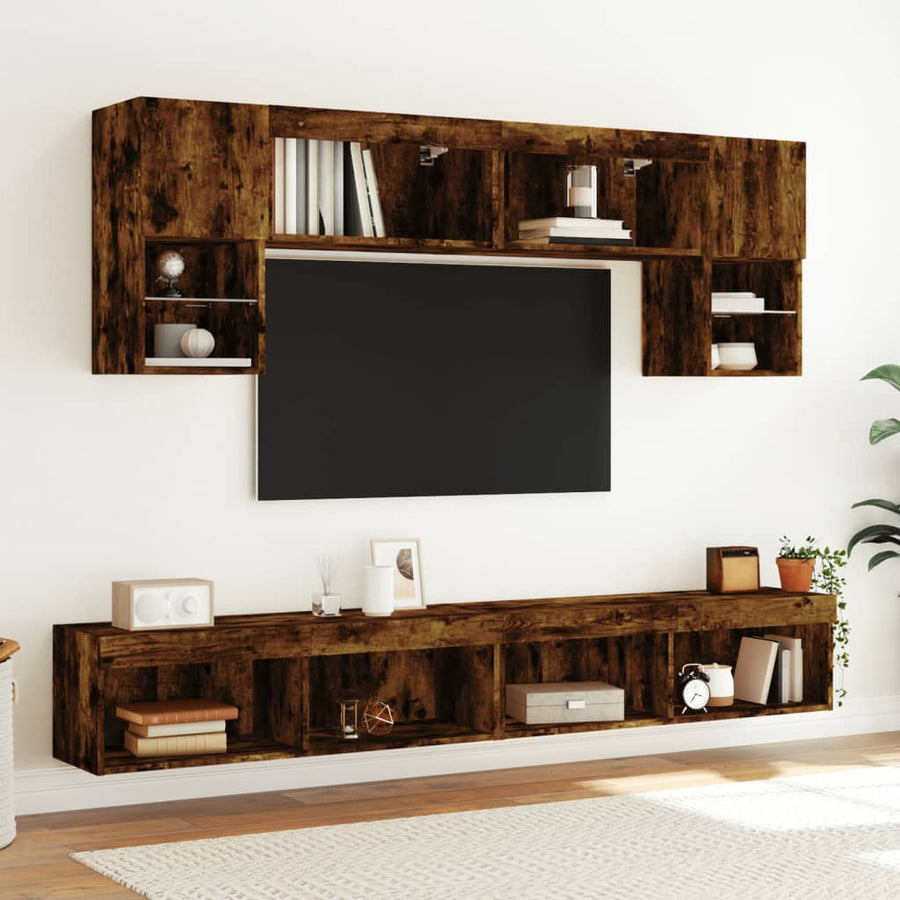 6-Delige Tv-Wandmeubelset Met Led Bewerkt Hout Gerookt eiken