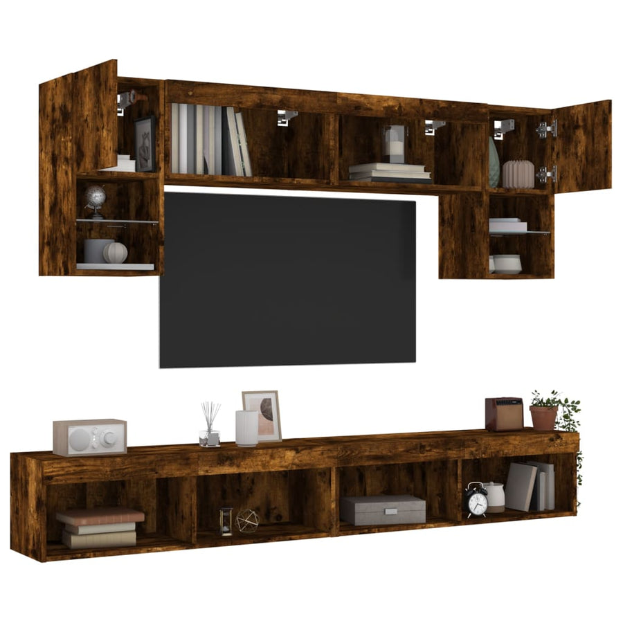 6-Delige Tv-Wandmeubelset Met Led Bewerkt Hout Gerookt eiken