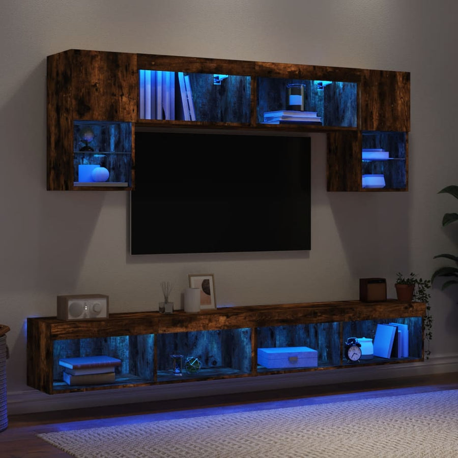 6-Delige Tv-Wandmeubelset Met Led Bewerkt Hout Gerookt eiken