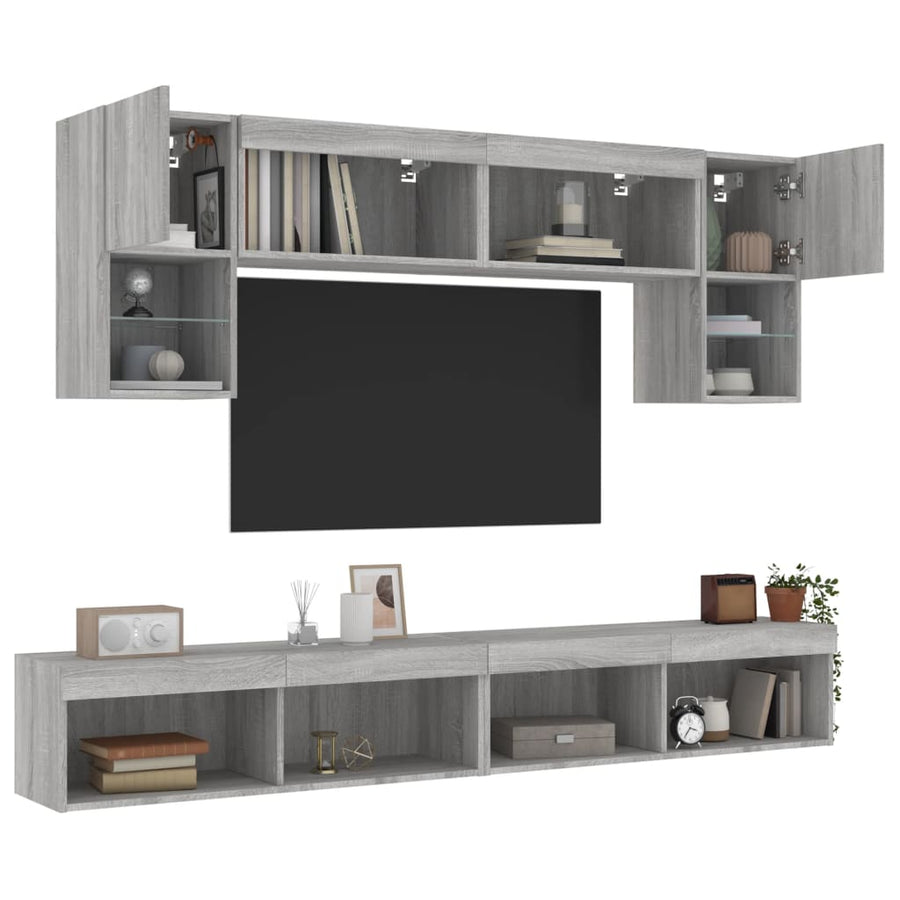 6-delige Tv-wandmeubelset met LED grijs sonoma eikenkleurig