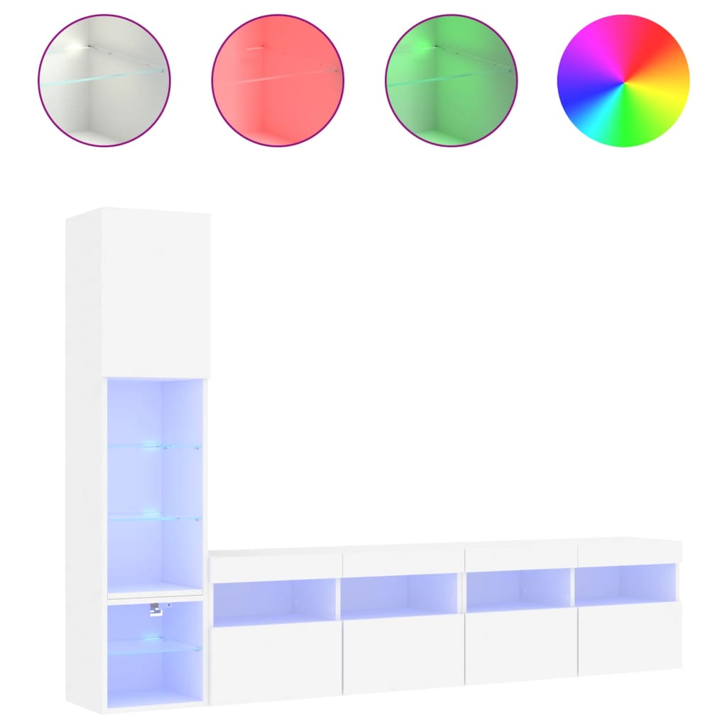 4-Delige Tv-Wandmeubelset Met Led-Verlichting Bewerkt Hout Wit