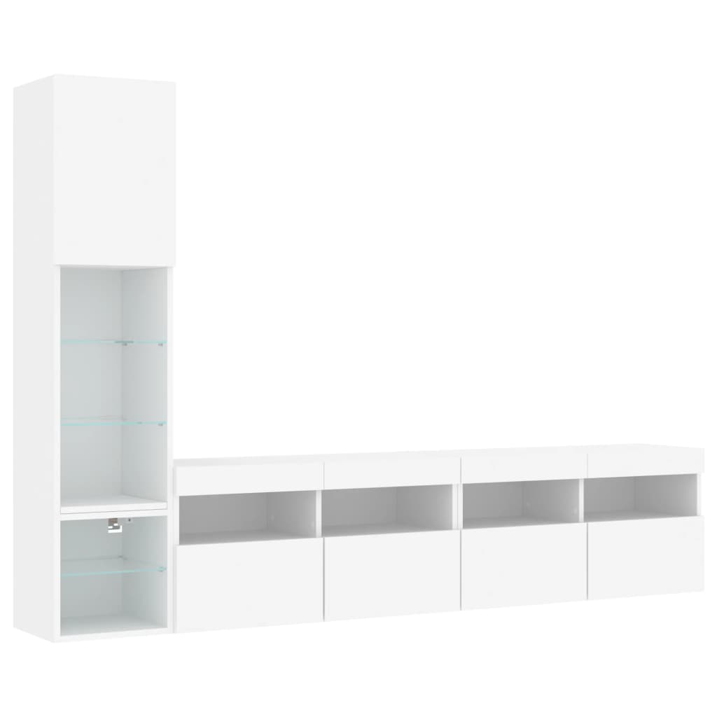 4-Delige Tv-Wandmeubelset Met Led-Verlichting Bewerkt Hout Wit