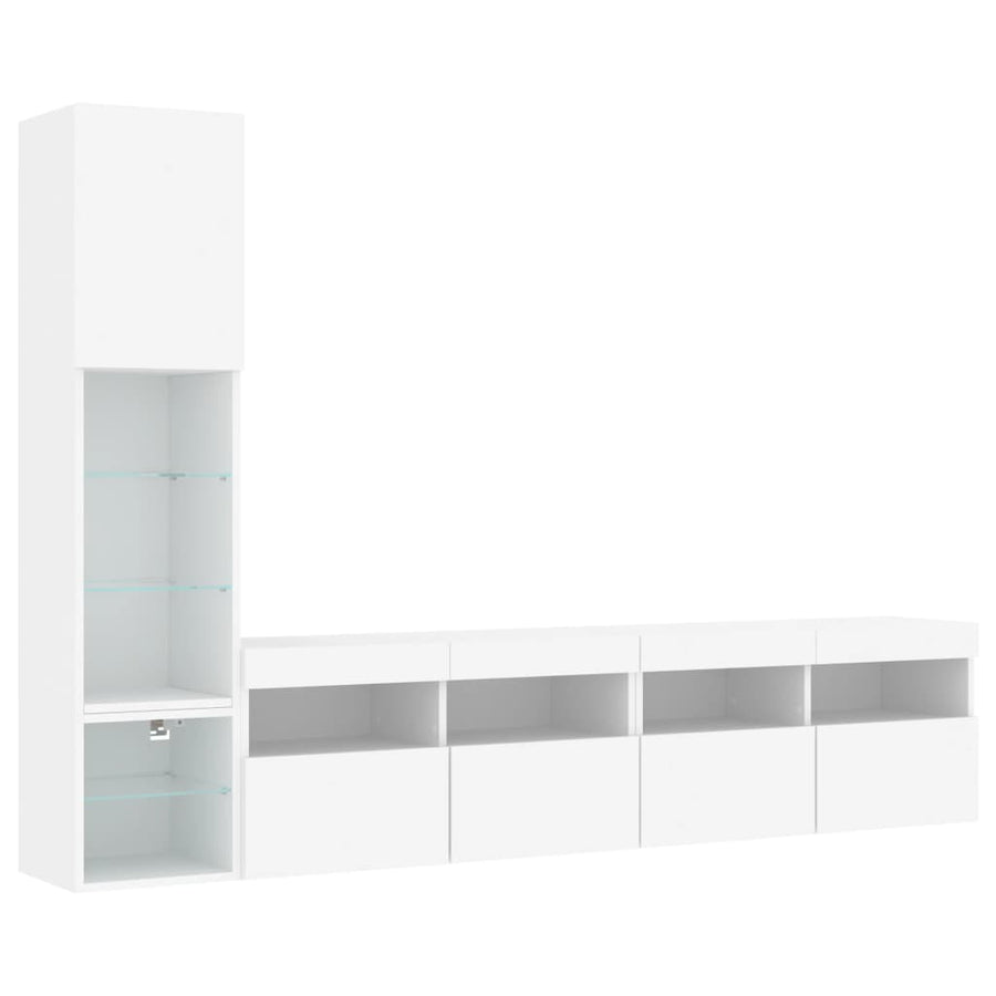 4-Delige Tv-Wandmeubelset Met Led-Verlichting Bewerkt Hout Wit