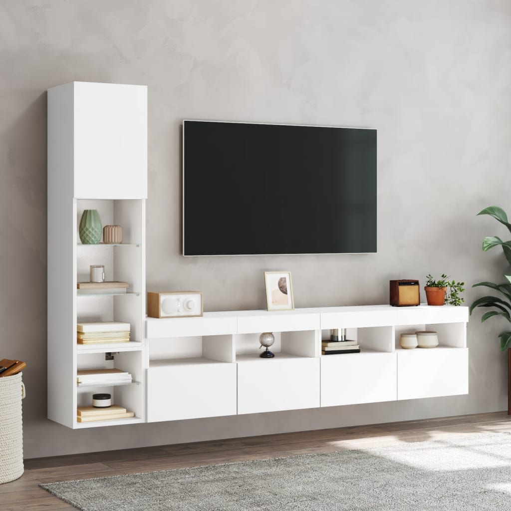 4-Delige Tv-Wandmeubelset Met Led-Verlichting Bewerkt Hout Wit
