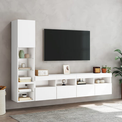 4-Delige Tv-Wandmeubelset Met Led-Verlichting Bewerkt Hout Wit