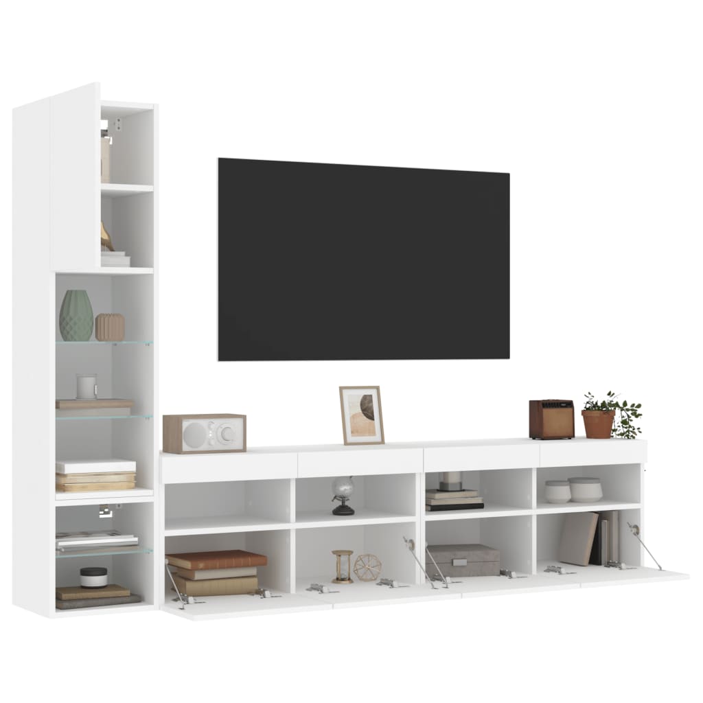 4-Delige Tv-Wandmeubelset Met Led-Verlichting Bewerkt Hout Wit