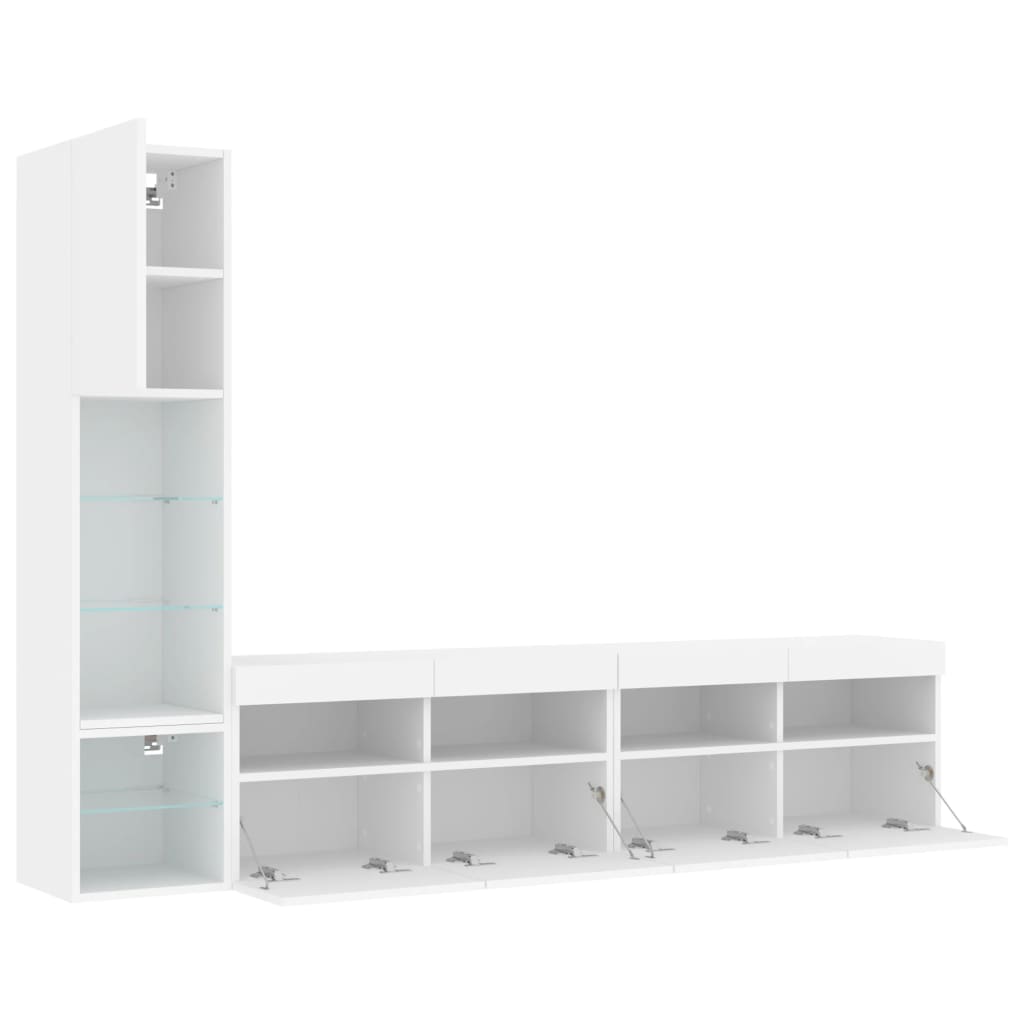 4-Delige Tv-Wandmeubelset Met Led-Verlichting Bewerkt Hout Wit