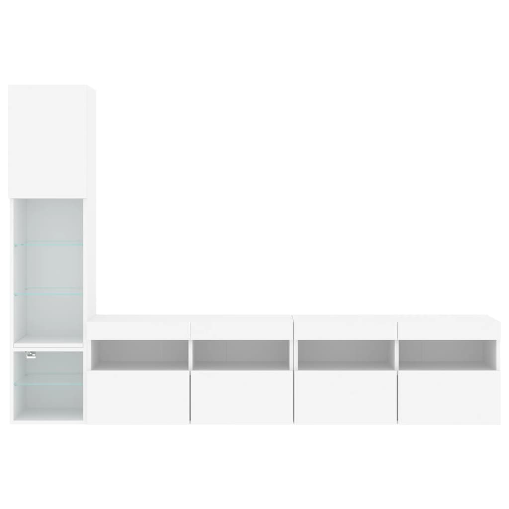 4-Delige Tv-Wandmeubelset Met Led-Verlichting Bewerkt Hout Wit