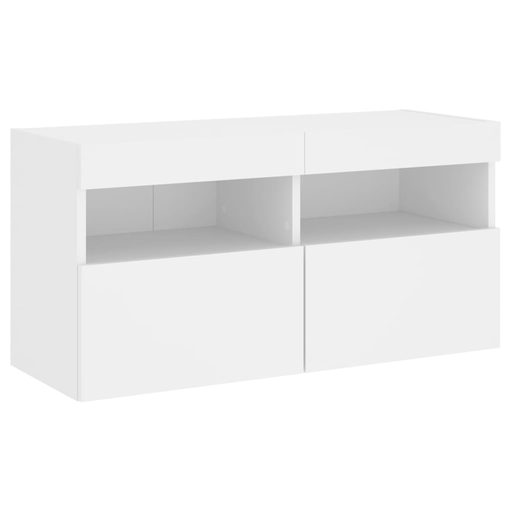 4-Delige Tv-Wandmeubelset Met Led-Verlichting Bewerkt Hout Wit