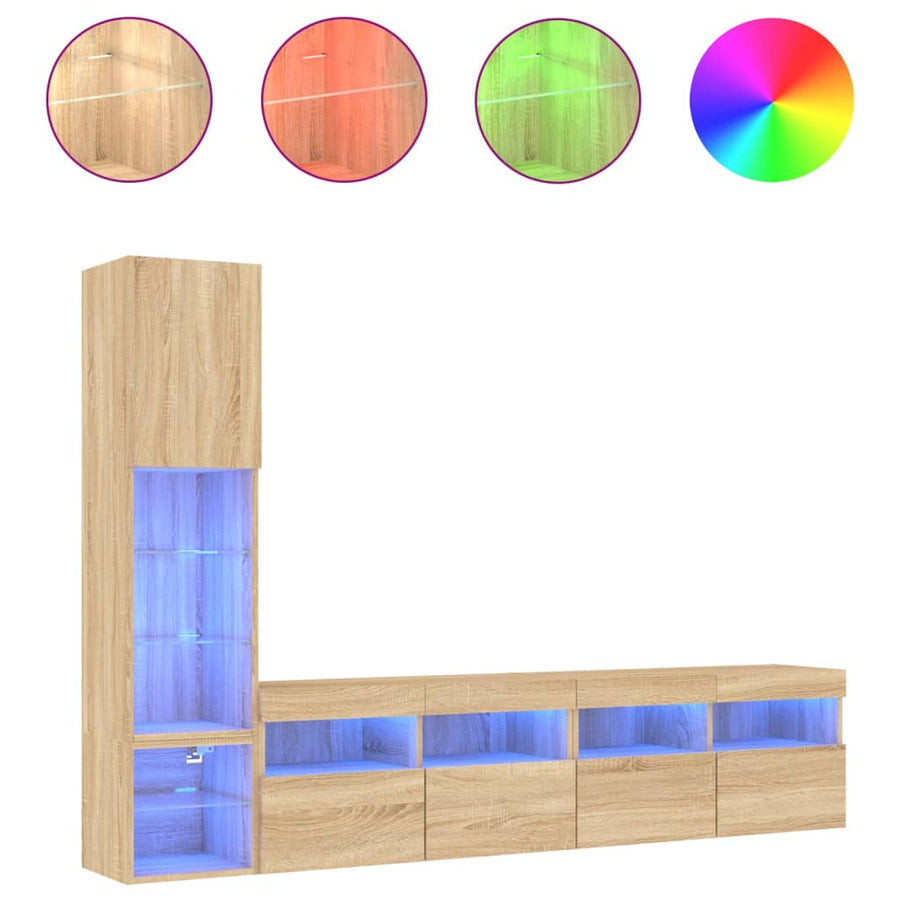 4-Delige Tv-Wandmeubelset Met Led Bewerkt Hout Sonoma Eiken