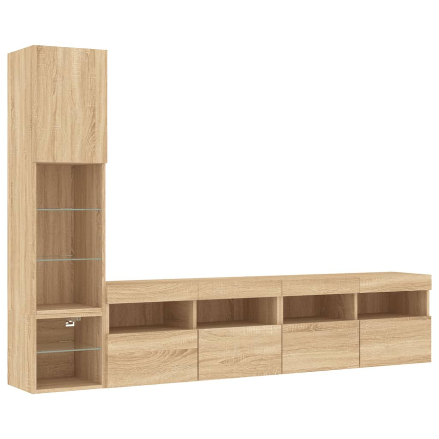 4-Delige Tv-Wandmeubelset Met Led Bewerkt Hout Sonoma Eiken
