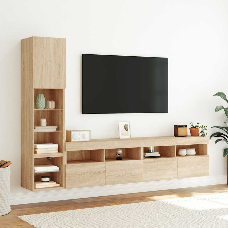 4-Delige Tv-Wandmeubelset Met Led Bewerkt Hout Sonoma Eiken