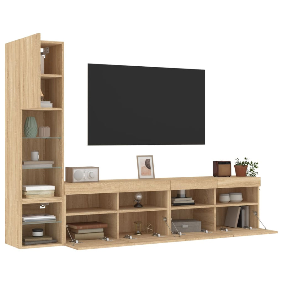 4-Delige Tv-Wandmeubelset Met Led Bewerkt Hout Sonoma Eiken