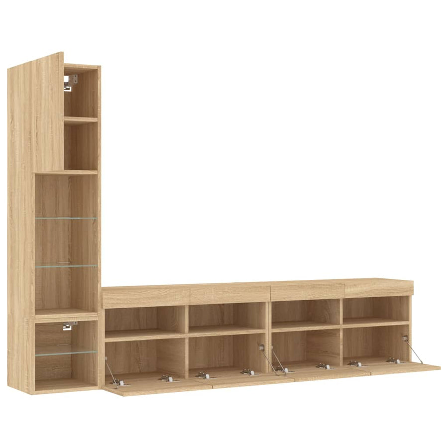 4-Delige Tv-Wandmeubelset Met Led Bewerkt Hout Sonoma Eiken