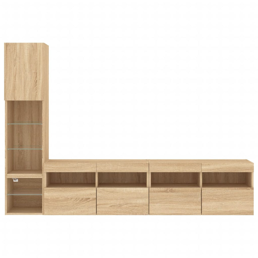 4-Delige Tv-Wandmeubelset Met Led Bewerkt Hout Sonoma Eiken