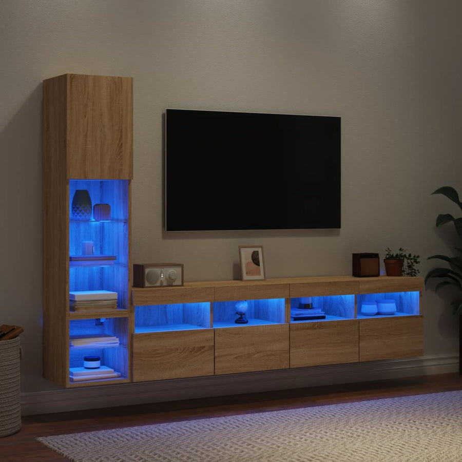 4-Delige Tv-Wandmeubelset Met Led Bewerkt Hout Sonoma Eiken