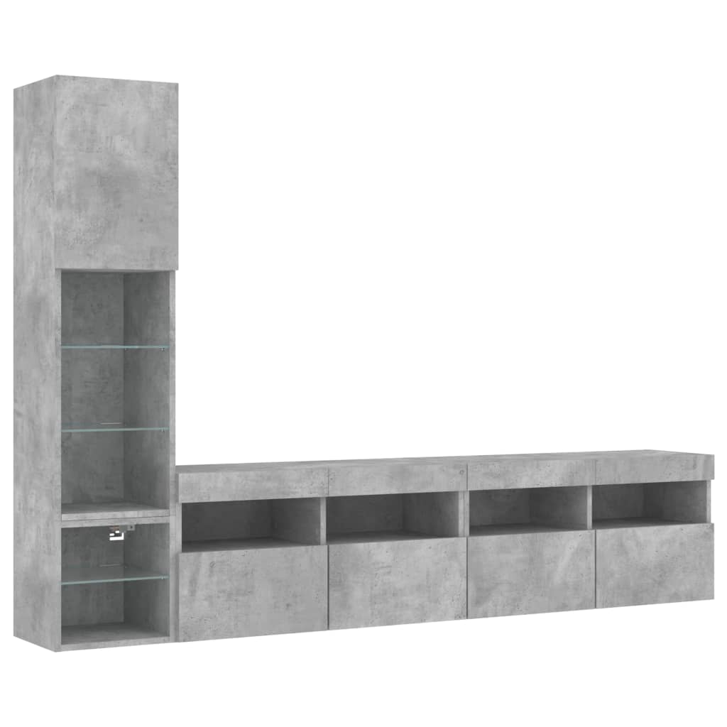 4-Delige Tv-Wandmeubelset Met Led Bewerkt Hout Betongrijs