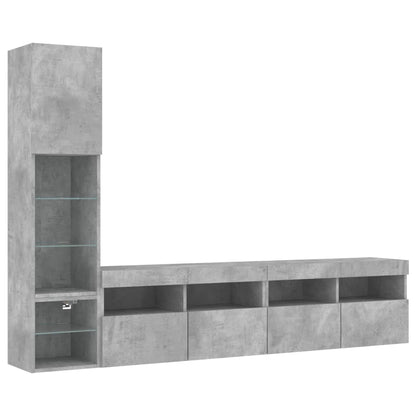 4-Delige Tv-Wandmeubelset Met Led Bewerkt Hout Betongrijs