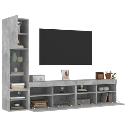 4-Delige Tv-Wandmeubelset Met Led Bewerkt Hout Betongrijs