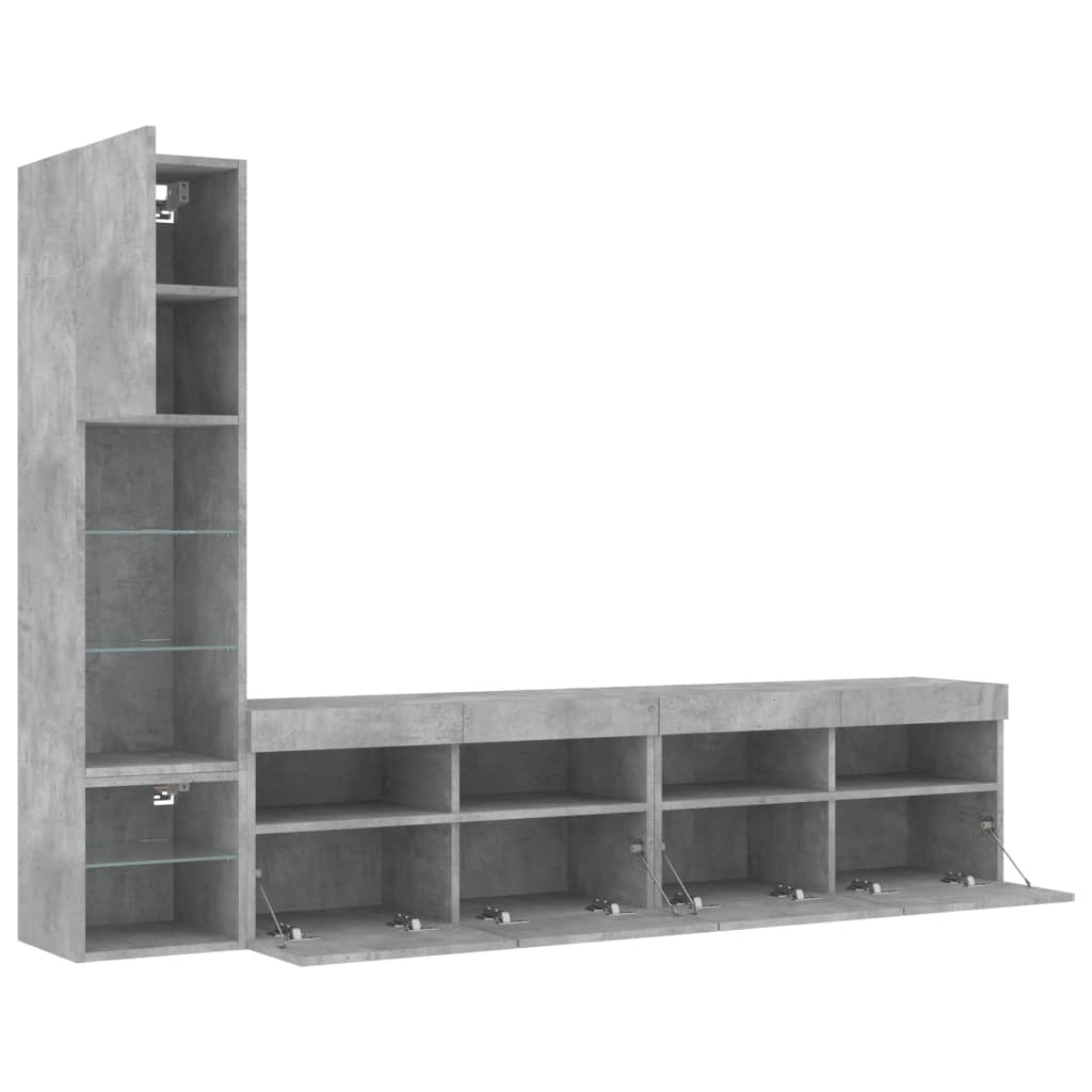 4-Delige Tv-Wandmeubelset Met Led Bewerkt Hout Betongrijs