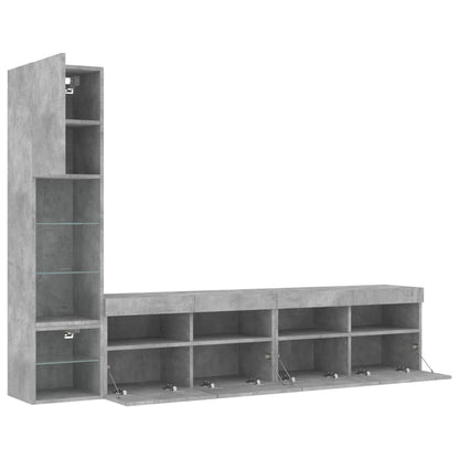4-Delige Tv-Wandmeubelset Met Led Bewerkt Hout Betongrijs