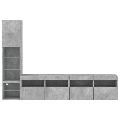4-Delige Tv-Wandmeubelset Met Led Bewerkt Hout Betongrijs