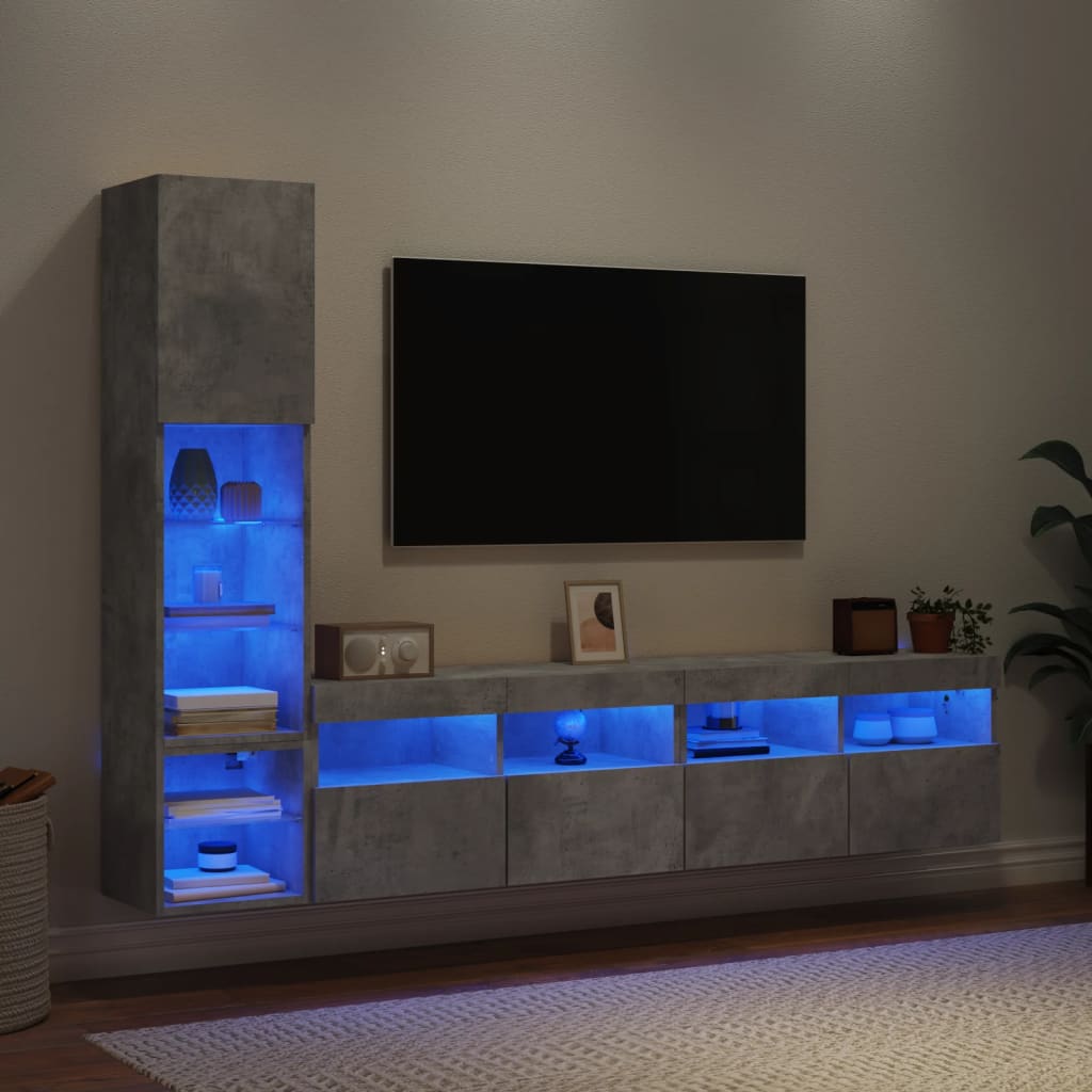 4-Delige Tv-Wandmeubelset Met Led Bewerkt Hout Betongrijs