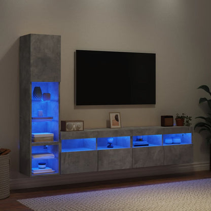 4-Delige Tv-Wandmeubelset Met Led Bewerkt Hout Betongrijs