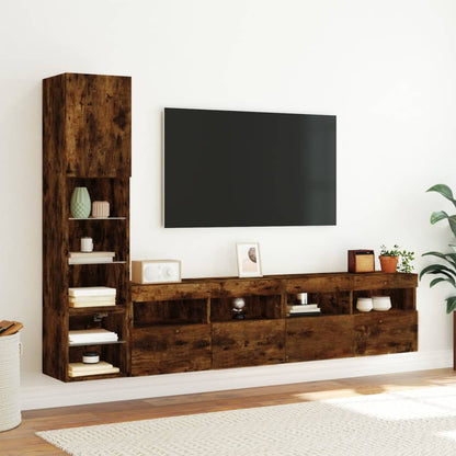 8-Delige Tv-Wandmeubelset Met Led Bewerkt Hout Gerookt Eiken
