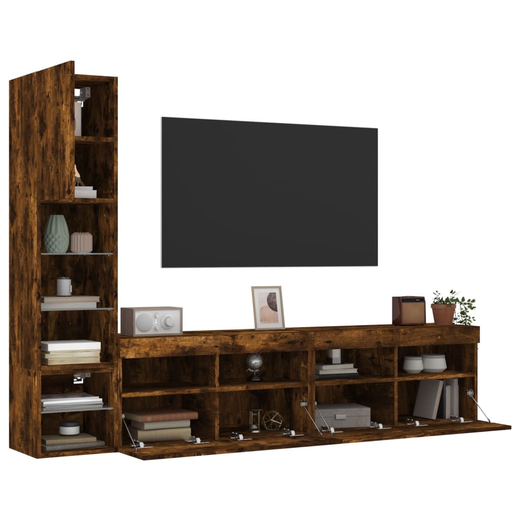 8-Delige Tv-Wandmeubelset Met Led Bewerkt Hout Gerookt Eiken