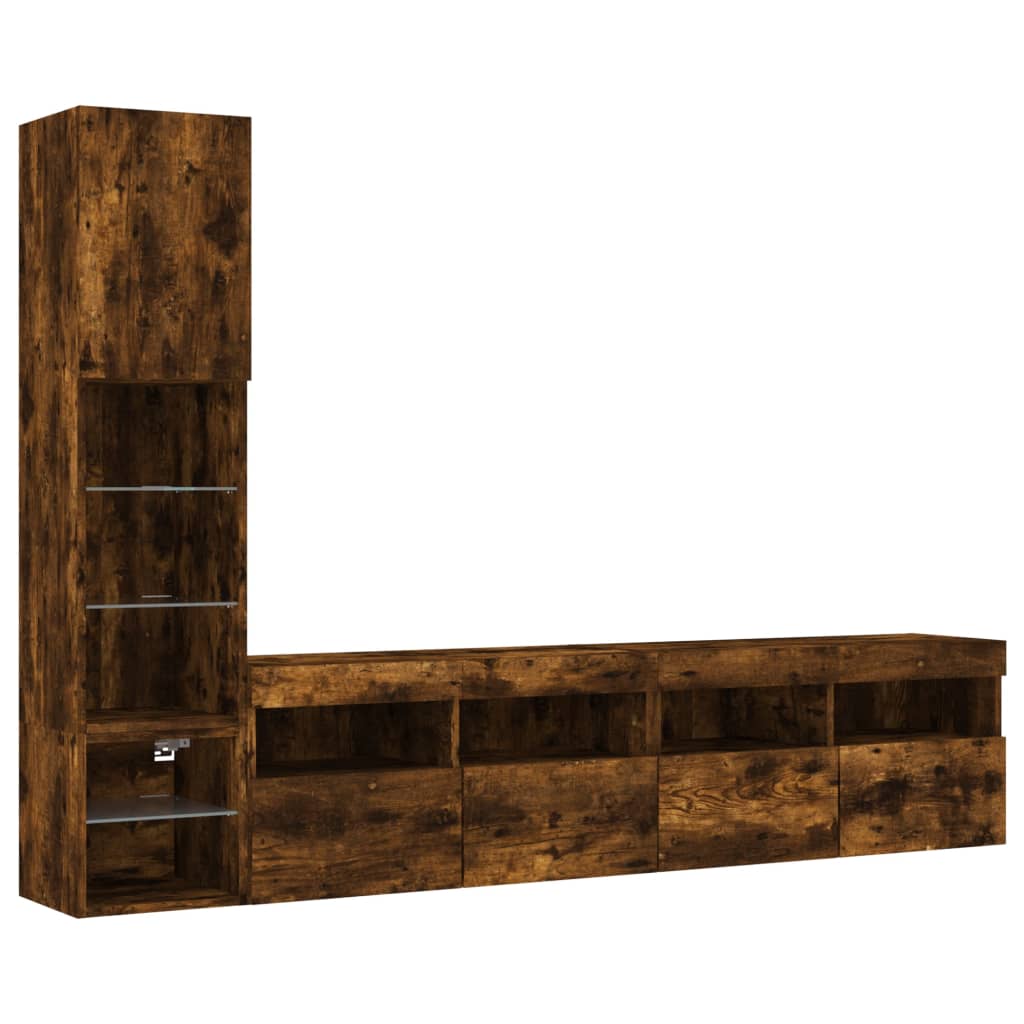 8-Delige Tv-Wandmeubelset Met Led Bewerkt Hout Gerookt Eiken