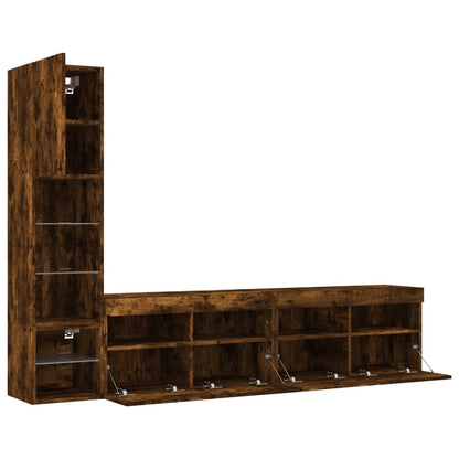 8-Delige Tv-Wandmeubelset Met Led Bewerkt Hout Gerookt Eiken