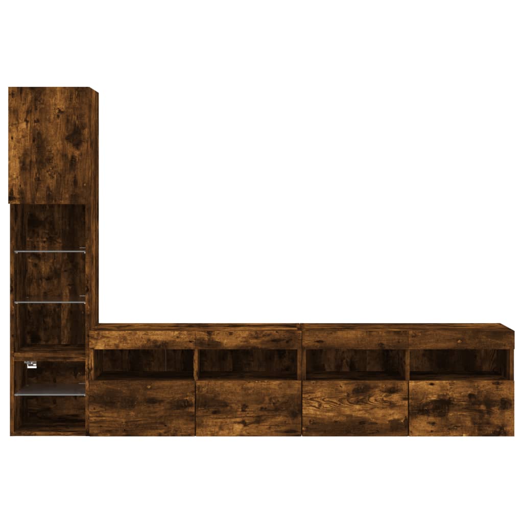 8-Delige Tv-Wandmeubelset Met Led Bewerkt Hout Gerookt Eiken