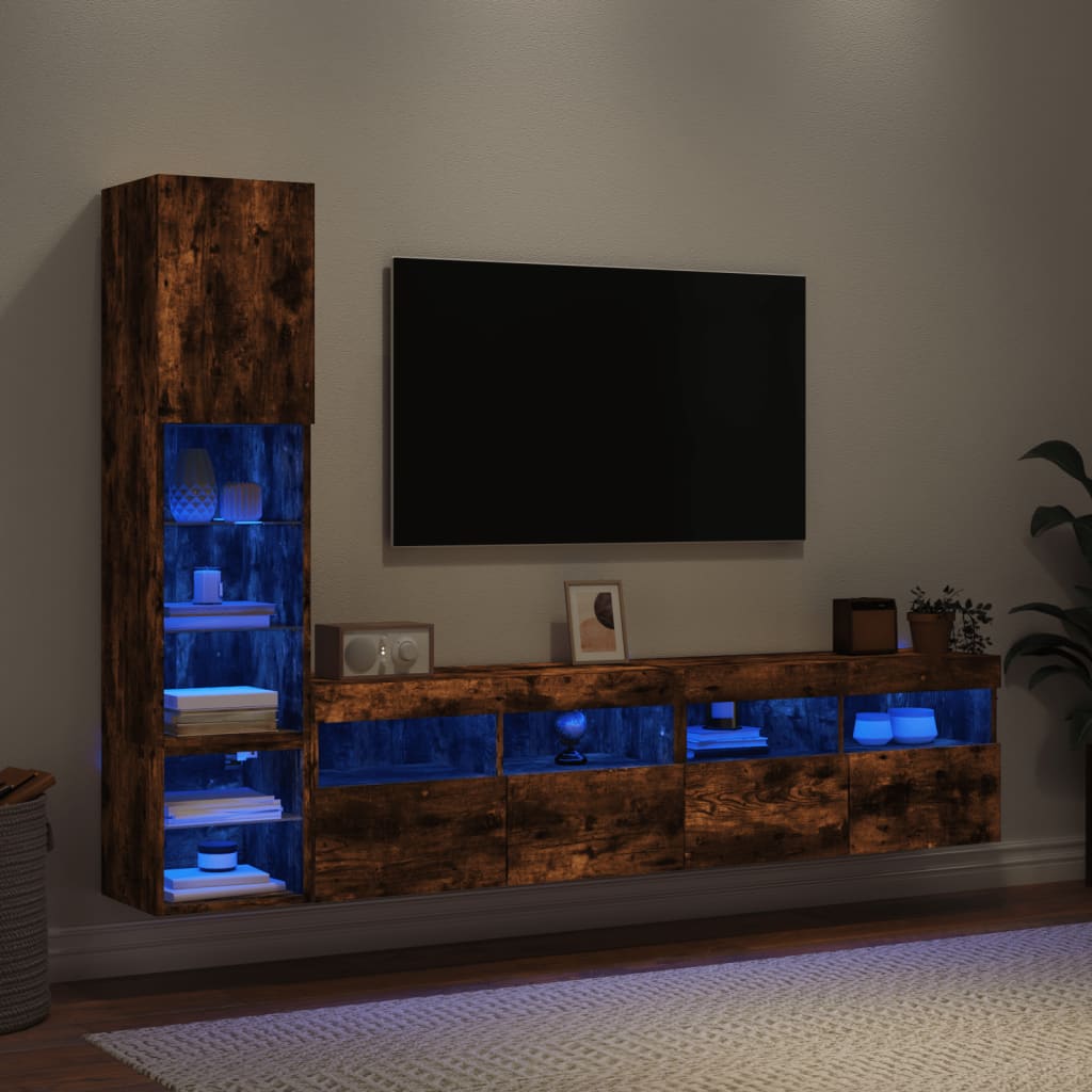 8-Delige Tv-Wandmeubelset Met Led Bewerkt Hout Gerookt Eiken