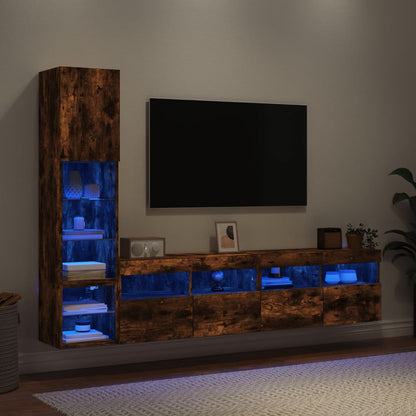 8-Delige Tv-Wandmeubelset Met Led Bewerkt Hout Gerookt Eiken