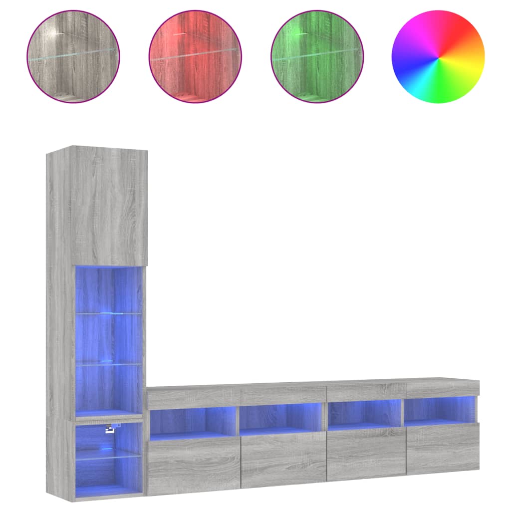 4-delige Tv-wandmeubelset met LED bewerkt hout grijs sonoma