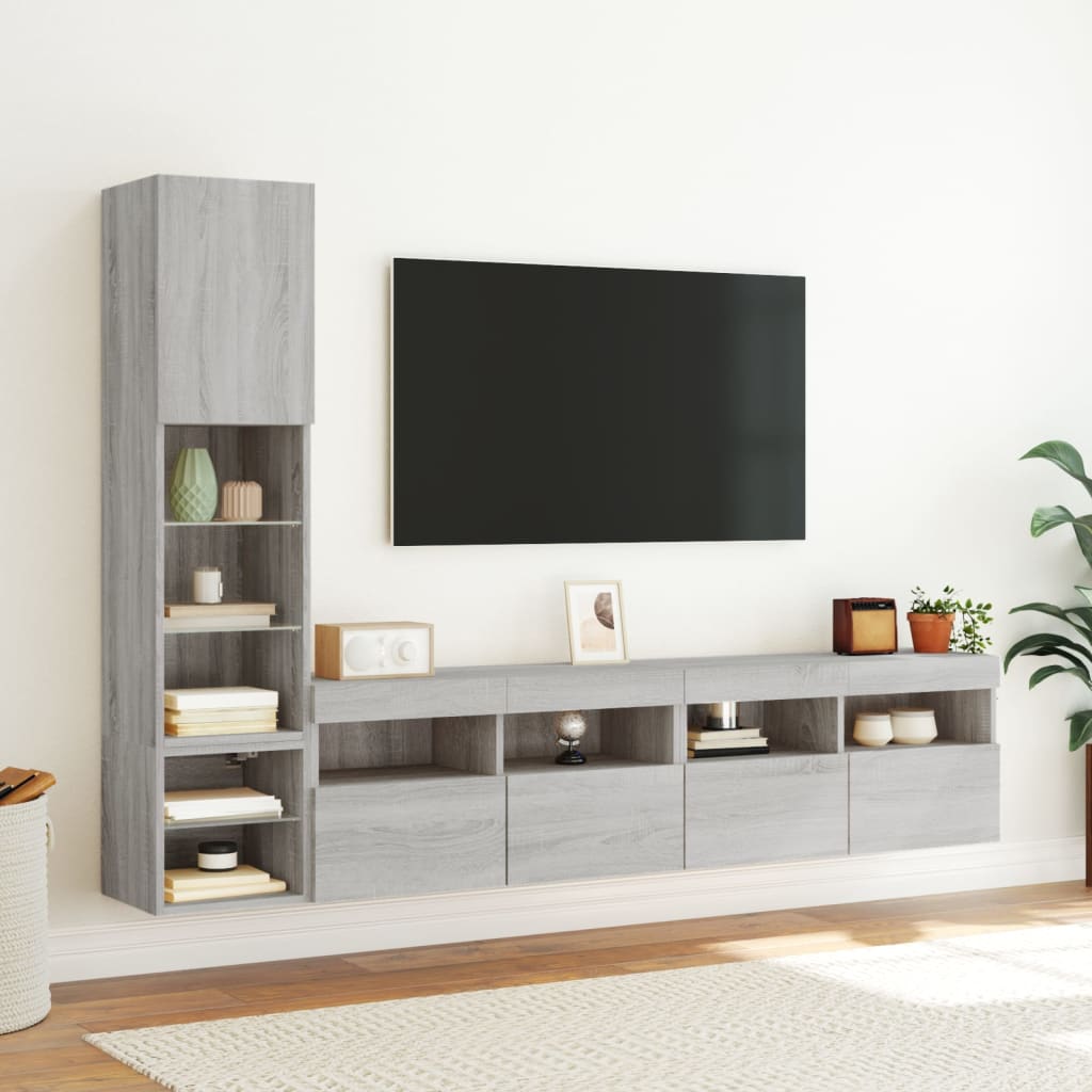 4-delige Tv-wandmeubelset met LED bewerkt hout grijs sonoma