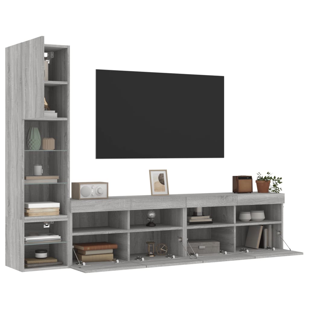 4-delige Tv-wandmeubelset met LED bewerkt hout grijs sonoma