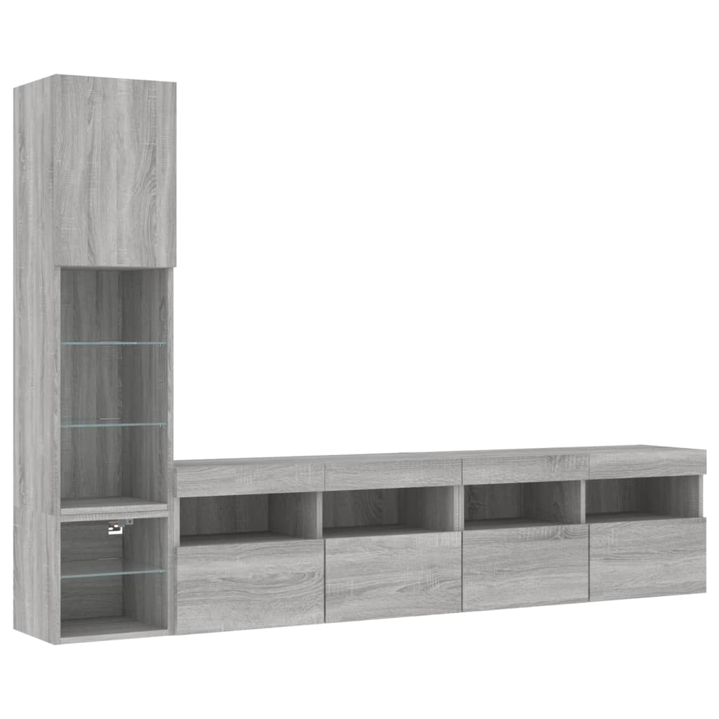 4-delige Tv-wandmeubelset met LED bewerkt hout grijs sonoma