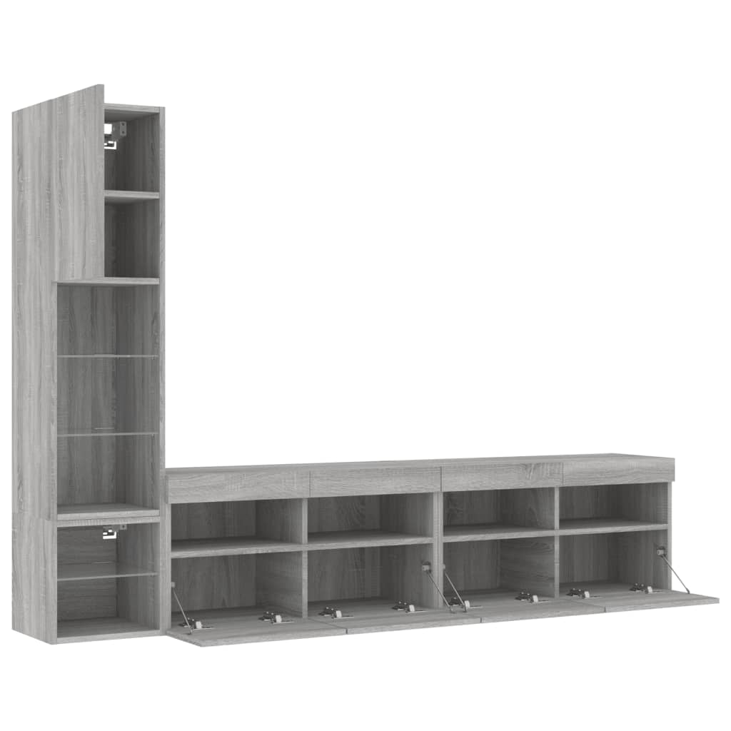 4-delige Tv-wandmeubelset met LED bewerkt hout grijs sonoma