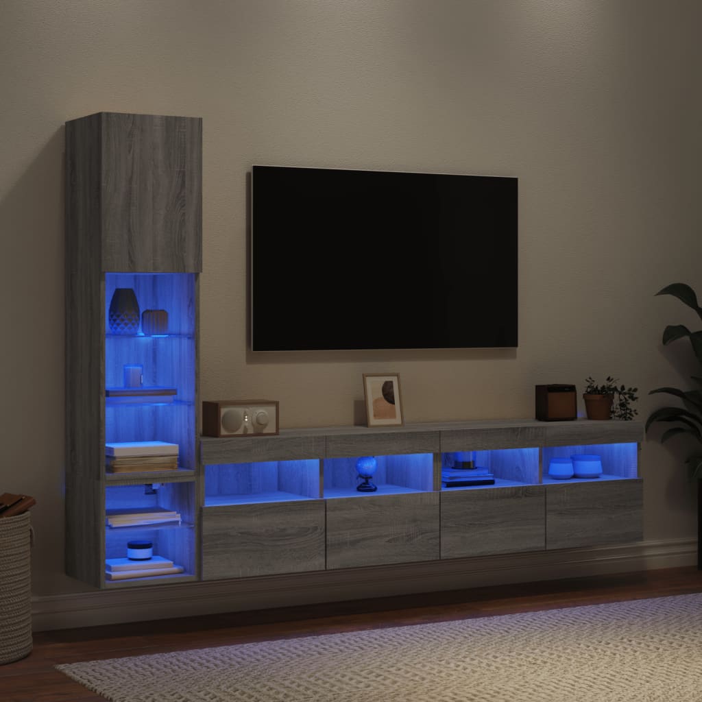 4-delige Tv-wandmeubelset met LED bewerkt hout grijs sonoma