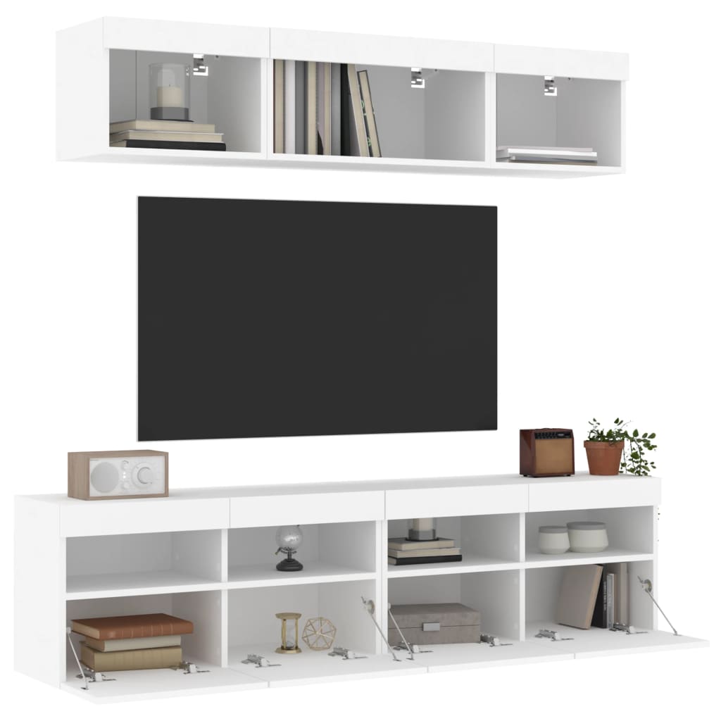 5-Delige Tv-Wandmeubelset Met Led-Verlichting Bewerkt Hout Wit