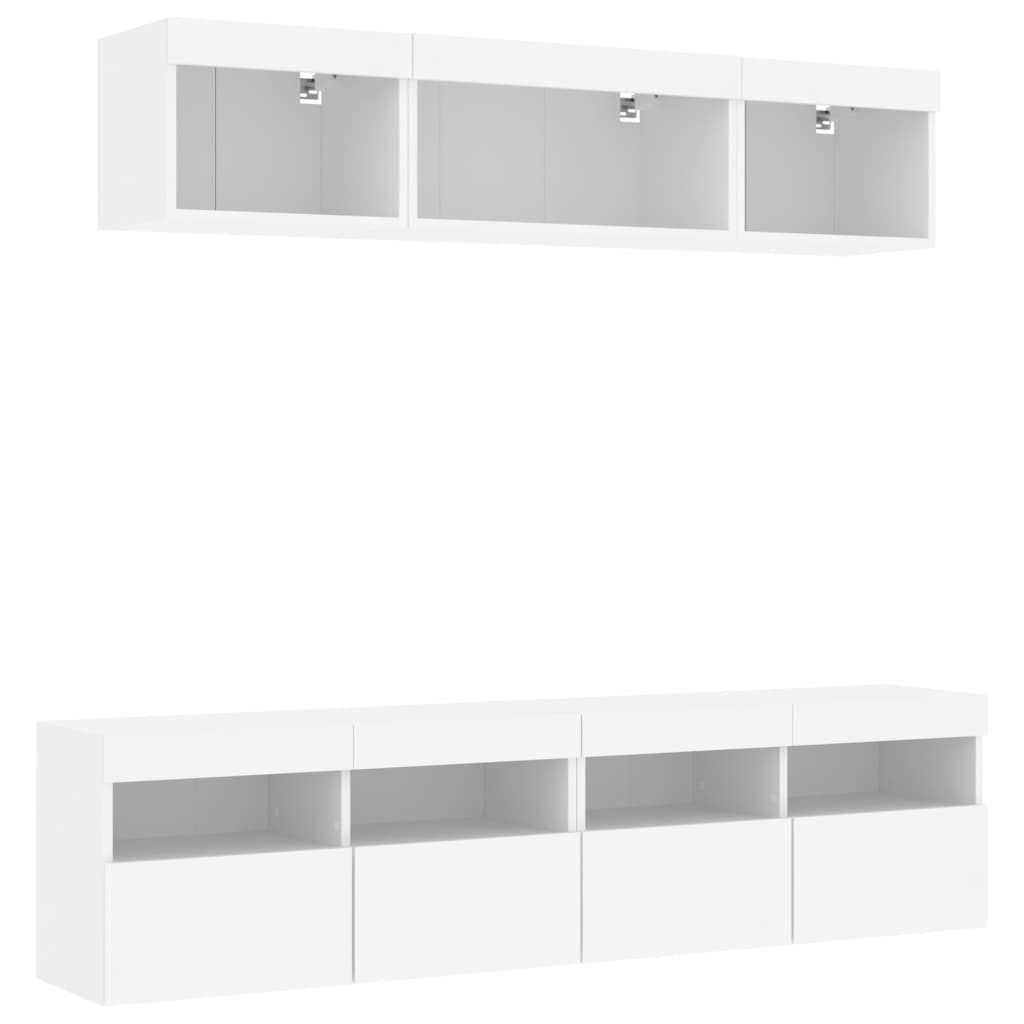 5-Delige Tv-Wandmeubelset Met Led-Verlichting Bewerkt Hout Wit