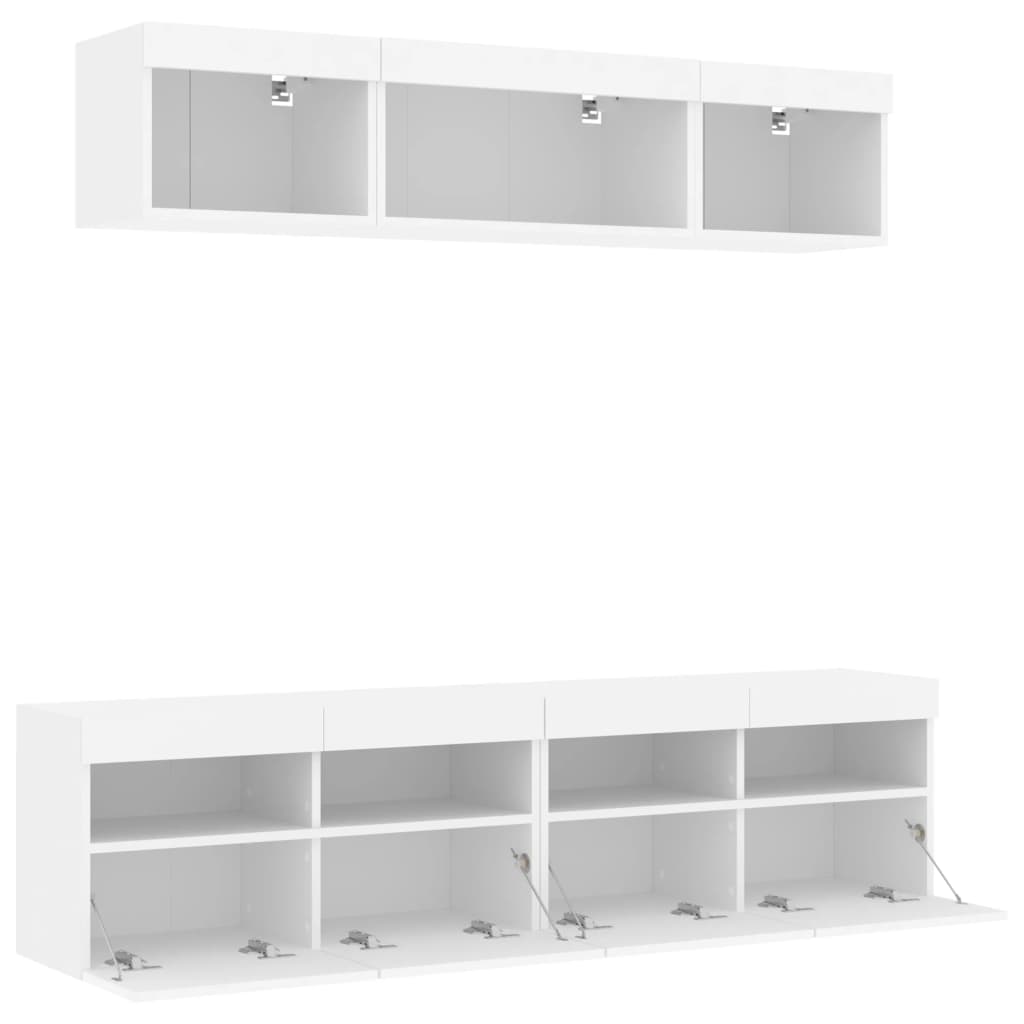 5-Delige Tv-Wandmeubelset Met Led-Verlichting Bewerkt Hout Wit