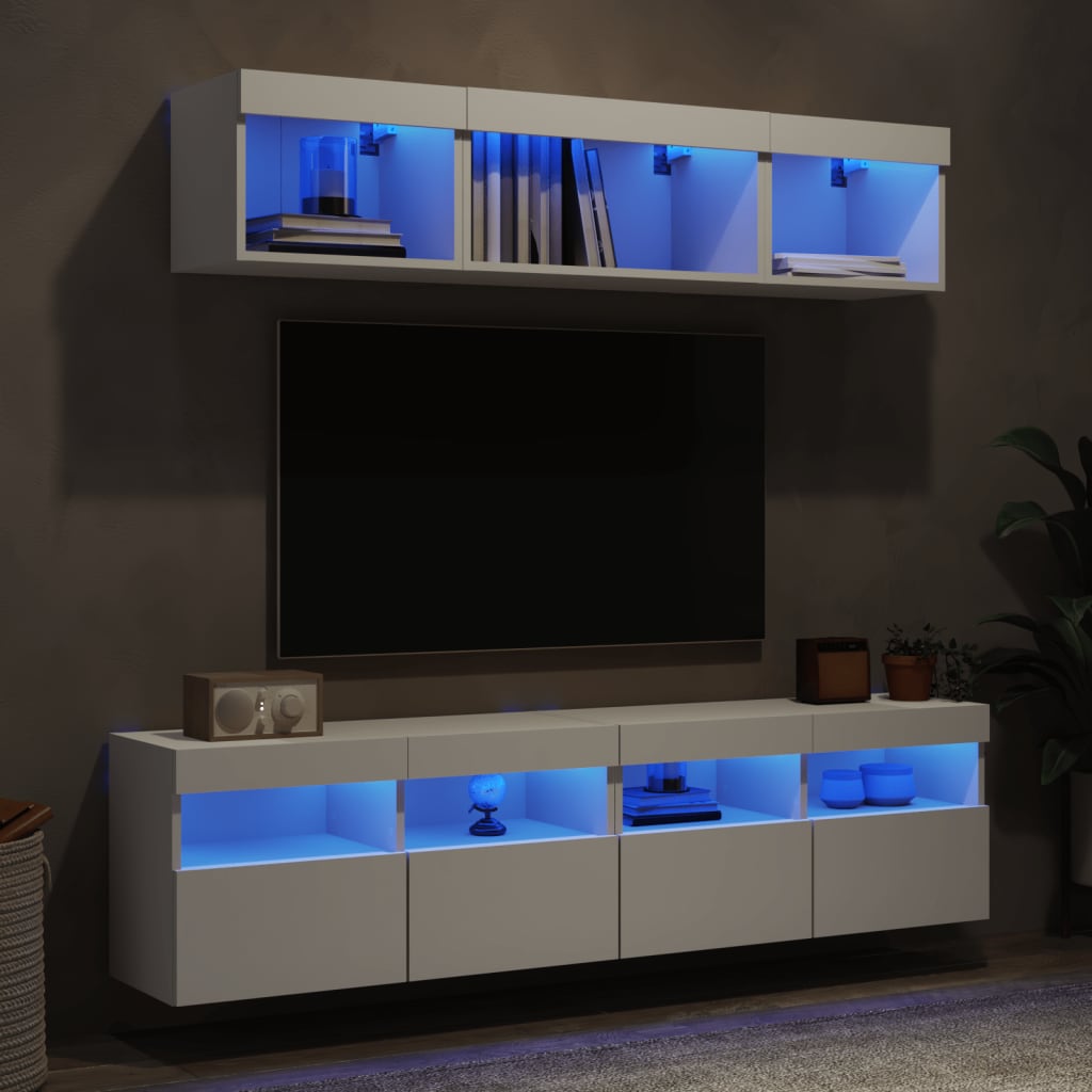 5-Delige Tv-Wandmeubelset Met Led-Verlichting Bewerkt Hout Wit