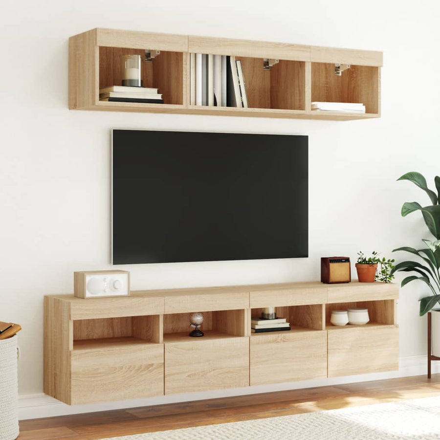 5-Delige Tv-Wandmeubelset Met Led Bewerkt Hout Sonoma Eiken