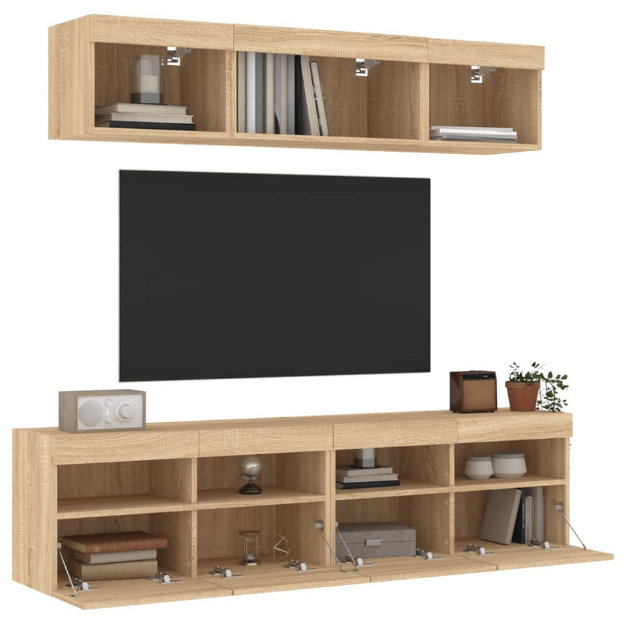 5-Delige Tv-Wandmeubelset Met Led Bewerkt Hout Sonoma Eiken