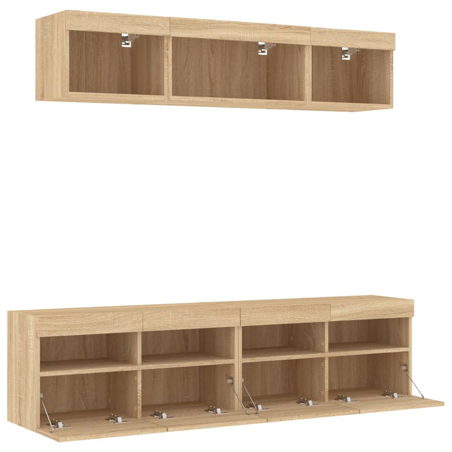 5-Delige Tv-Wandmeubelset Met Led Bewerkt Hout Sonoma Eiken