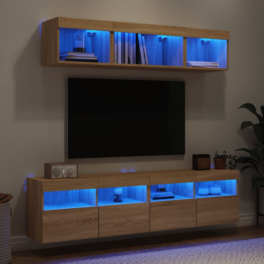 5-Delige Tv-Wandmeubelset Met Led Bewerkt Hout Sonoma Eiken